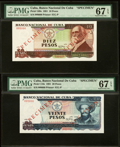 1991 Cuba Banco Nacional Specimen 10 & 20 Pesos P-109s P-110s PMG 67 EPQ Set