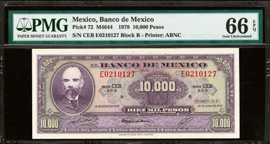 1978 Mexico 10000 Pesos Banco de Mexico PMG 66 EPQ P-72 Matias Romero ABNC Hyperinflation Era