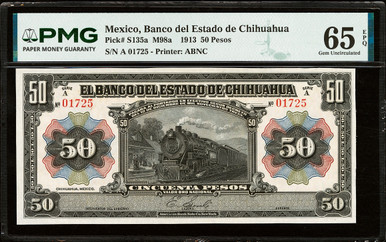 1913 Mexico Banco del Estado de Chihuahua 50 Pesos Train Note PMG 65 EPQ P-S135a ABNC