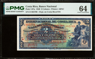 1940 Costa Rica Banco Nacional 2 Colones Pick 197a PMG 64 Choice Unc Overprint