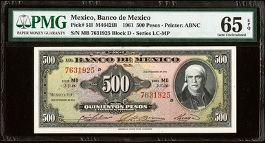 1961 Mexico Banco de Mexico 500 Pesos P-51l PMG 65 EPQ Gem Unc ABNC Morelos