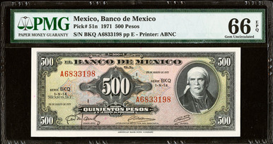 1971 Mexico Banco de Mexico 500 Pesos P-51n PMG 66 EPQ Gem Unc ABNC Morelos