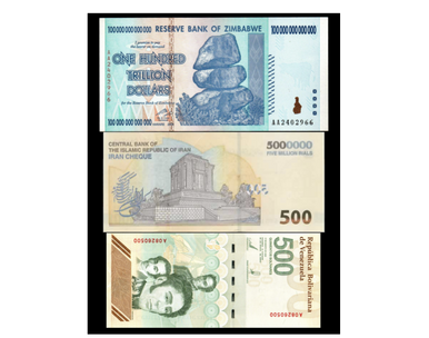 2008 Zimbabwe 100 Trillion, 2026 IRR 5,000,000 Rial Cheque & 2024 Venezuela 500 Million Set