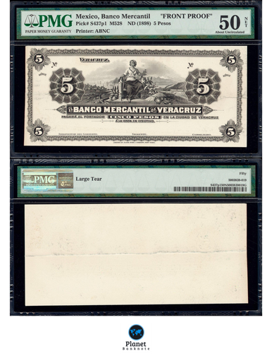 Mexico 1898 5 Pesos PMG 50 & 55, P-S437 p1-p2, Front & Back Proof AU Rare Notes
