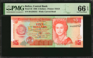 Belize Central Bank 2; 5 Dollars 1996-2007 PMG 65 & 66, Queen Elizabeth, 6 Notes
