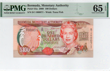 Bermuda, Monetary Authority 100 Dollars 2000 PMG 65, Queen Elizabeth, LOW S/N 71