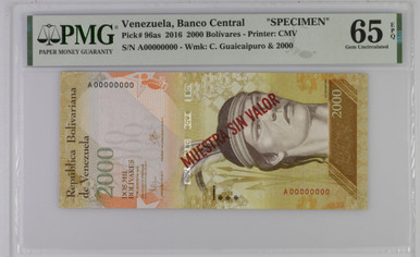 Venezuela Banco Central 2000 Bolivares 2016 PMG 65 CU, P-96as, Specimen. Rare