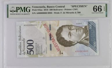 Venezuela Banco Central 500 Bolivares 2016 PMG 66, P-94as, Specimen, Ocean Blue