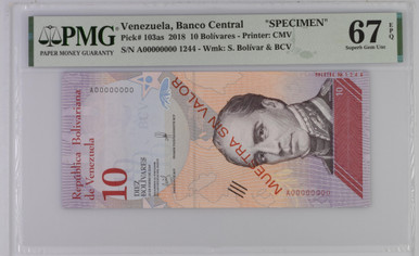 Venezuela 10 Bolivar Soberano 2018 PMG 67, P-103as, Specimen, Top Pop, Very Rare