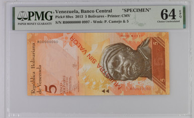 Venezuela Banco Central 5 Bolivares 2013 PMG 64 CU, P-89es, Specimen, Vibrant