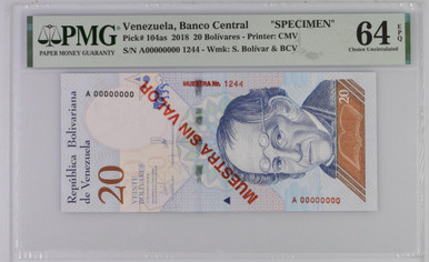 Venezuela Banco Central 20 Bolivar Soberano 2018 PMG 64 CU, P-107as, Specimen