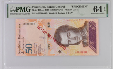 Venezuela Banco Central 50 Bolivar Soberano 2018 PMG 64 CU, P-105as, Specimen