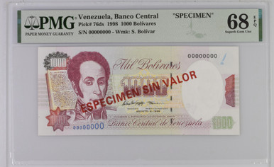 Venezuela 1000 Bolivares 1998 PMG 68, P-76ds, Specimen, Top Pop, Very Rare, 1/1