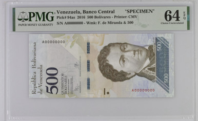 Venezuela Banco Central 500 Bolivares 2016 PMG 64 CU, P-94as, Beautiful Specimen