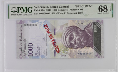 Venezuela Banco Central 1000 Bolivares 2016 PMG 68, P-95as, Specimen Top Pop 1/1