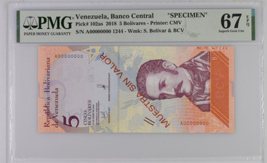 Venezuela 5 Bolivar Soberano 2018 PMG 67, P-102as, Specimen, 1/3 Graded, Rare