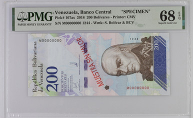 Venezuela Banco Central 200 Bolivares 2018 PMG 68, P-107as, Specimen, Top Pop