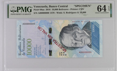 Venezuela 10,000 Bolivares 2016 PMG 64 CU, P-98as, Specimen, Bright Blue Example