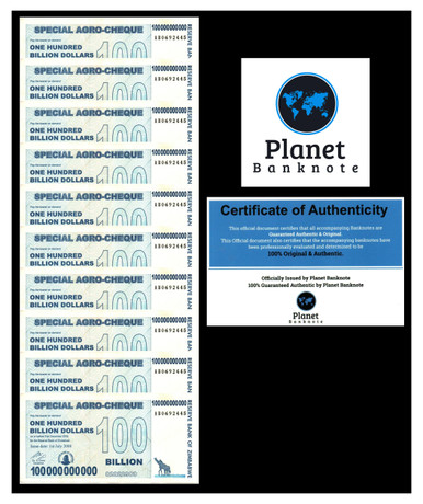 Zimbabwe 100 Billion Special Agro Cheque 2008, P-64 USED x 10 pcs, Banknote COA