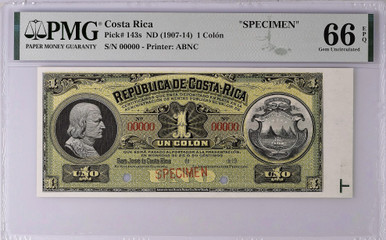 Costa Rica 1 Colon 1910 Pick 143s Specimen PMG Gem Unc 66 EPQ Finest Known, Rare