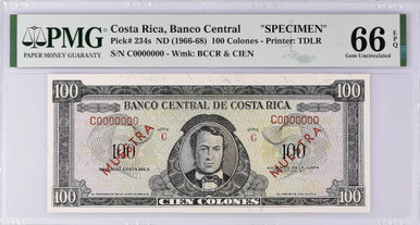 1966-68 Costa Rica 100 Colones PMG 66, P-234s, Specimen