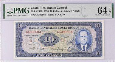 1970-87 Costa Rica (2) 10 Colones PMG 64 & 65, P-230b/P-237b, One without Security Thread, 2 NOTES