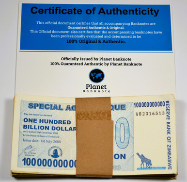 Zimbabwe 100 Billion Special Agro Cheque 2008 P-64 AU x 50 pcs with Banknote COA