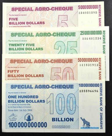 ZIMBABWE 100 50 20 5 Billion Dollars Agro-Cheque Set 4 PCS 2008 P61 62 63 64 UNC Special Agro Cheque New Unc. Rare Set
