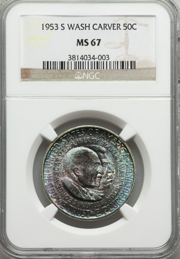 1953-S Silver Half Dollar Washington Carver NGC MS67 Insane Rainbow Tone