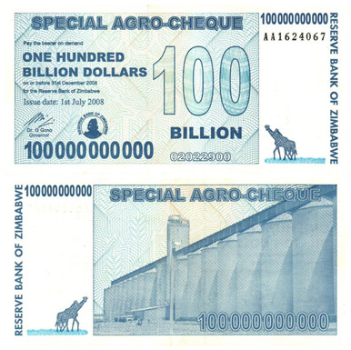 Zimbabwe 100 Billion Special Agro Cheque 2008 P-64 NEW CRISP UNC Banknote