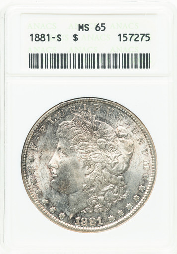 1881-S Morgan Silver Dollar ANACS MS65 Light Vibrant Toning Great Luster Frosty