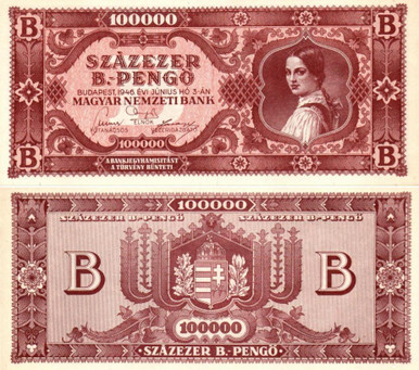 1946 HUNGARY 100000 B-PENGO Banknote (100 Quadrillion) P-133 Hyperinflation 1946 RARE UNC