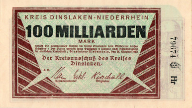 1923 Dinslaken "Kreis" 100 Billion Mark Notgeld Banknote German Hyperinflation Rarity