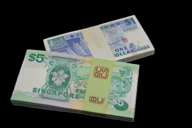 1987-1989 Singapore $1 & $5 Note Packs P-18 & P-19 Crisp Consecutive S/N Set