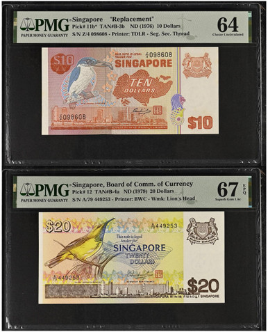 1976 Singapore 2-Note Set: 10 Dollars PMG 64 Replacement Choice UNC P-11b & 1979 20 Dollars PMG 67 EPQ P-12