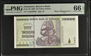 2008 Zimbabwe 50 Trillion Dollars PMG 66 GEM UNC P-90 Hyperinflation Banknote