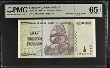 2008 Zimbabwe 50 Trillion Dollars PMG 65 GEM UNC P-90 Hyperinflation Banknote