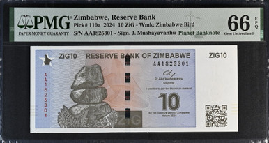 2024 Zimbabwe 10 ZiG PMG 66 EPQ P-110a Gem Uncirculated
