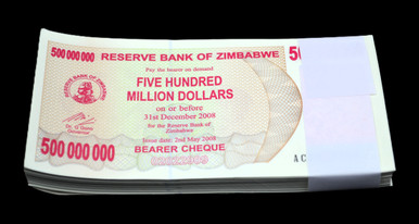 2008 Zimbabwe 500 Million Bearer Cheque P-60 UNC Pack (100 Notes) Consecutive S/N