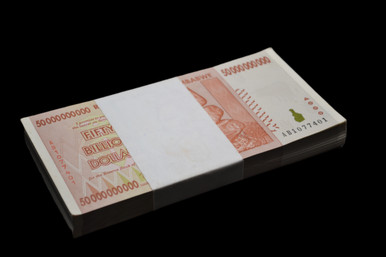 2008 Zimbabwe 50 Billion Dollar UNC Pack of 100 Consecutive Notes, Minor Bend on Bottom Note