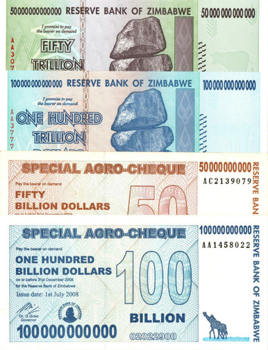 2008 Zimbabwe 4-Note UNC Set: 50B & 100B Agro Cheques, 50T, 100T Crisp & Rare