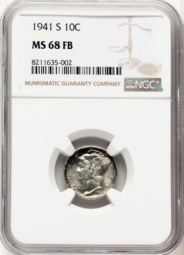 1941-S Silver 10C Mercury Dime NGC MS68 Full Bands High Grade Lustrous Rare
