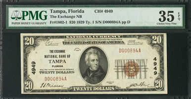 1929 Tampa FL $20 PMG 35VF EPQ The Exchange National Bank CH#4949 SN D000894A