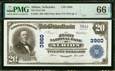 1902 Albion NE $20 PMG 66 EPQ Gem Plain Back Fr#652 Ch#3960 First NB Bold Margin