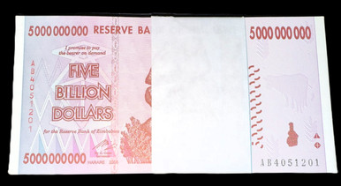 2008 Zimbabwe 5 Billion Dollars P-84 Banknote 100 Consecutive Pack UNC Hyperinflation