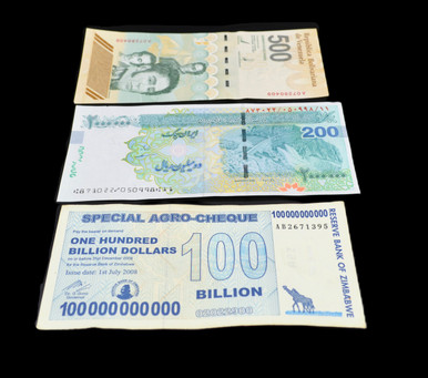 3-Note Set 2008 Zimbabwe 100B$ Agro-Cheque, 2010 IRR 2M Rial & 2024 Venezuela 500M Bolivar Digitales UNC Set