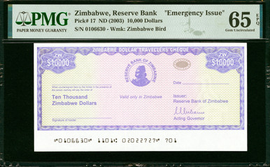 Zimbabwe Reserve Bank of Zimbabwe 10,000 Dollars ND (2003) Pick 17 PMG Gem Uncirculated 65 EPQ