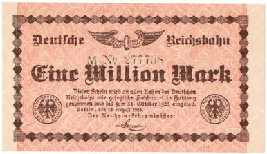 BOGO 1923 Germany 1 Million Mark Deutsche Reichsbahn Banknote P-51011 Hyperinflation Rare UNC