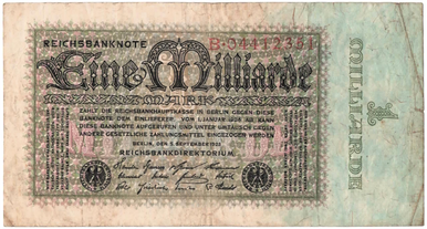 1923 Germany 1 Milliarde Mark Reichsbanknote P-108 Weimar Hyperinflation Era Historic Note