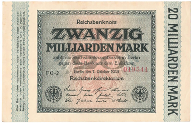 1923 Germany 20 Milliarden Mark Reichsbanknote P-111 Weimar Hyperinflation Era High Denomination